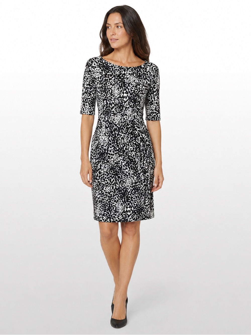 Ann Taylor Black White Animal Print Ruched Sheath Dress Small S